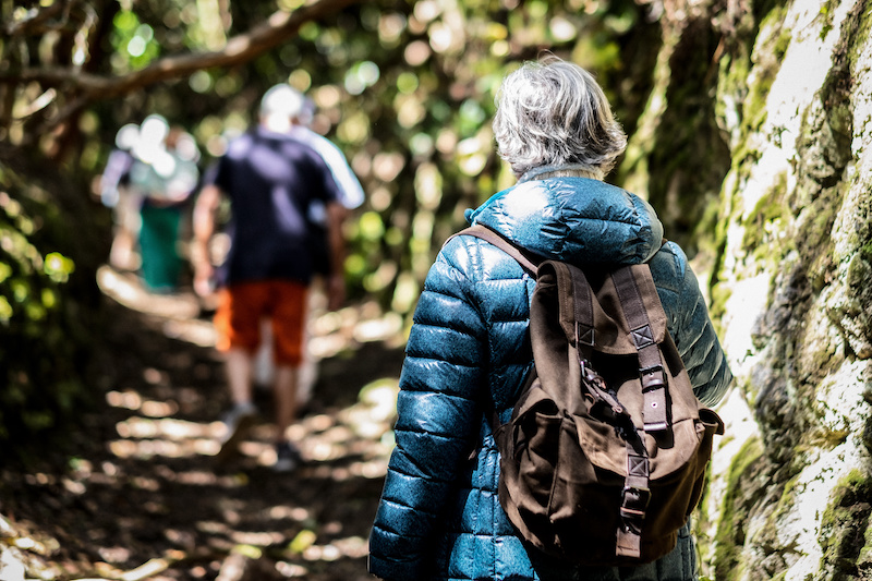 Silver-haired woman with a backpack hiking with others