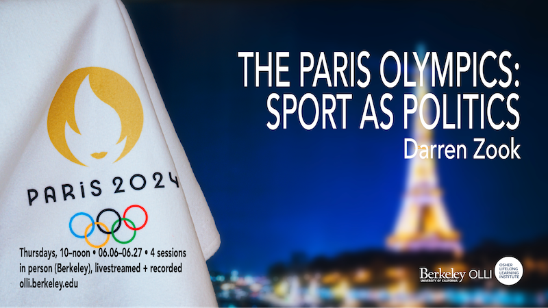 Olympic flag "Paris 2024" with Eiffel Tower in background