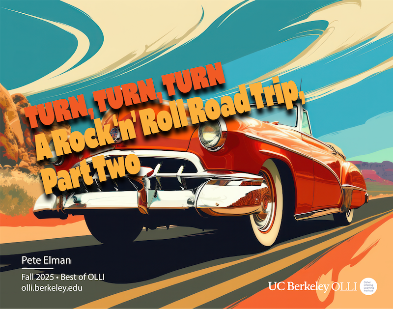 Colorful illustration of a 50s convertible on a stretch of lonely highway