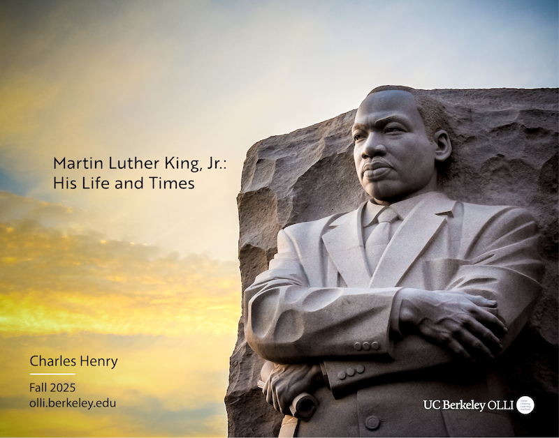 Monumental closeup of granite sculpture of MLK Jr., against dusk sky