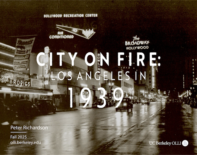 Sepia hued photo of a Los Angeles street at night circa 1939