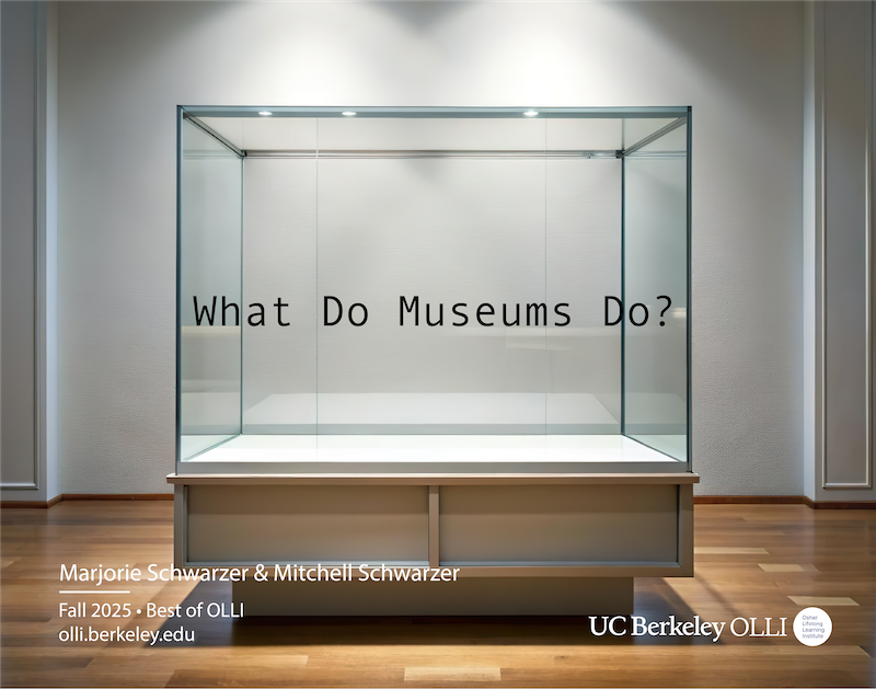 An empty museum case in a stark white hall