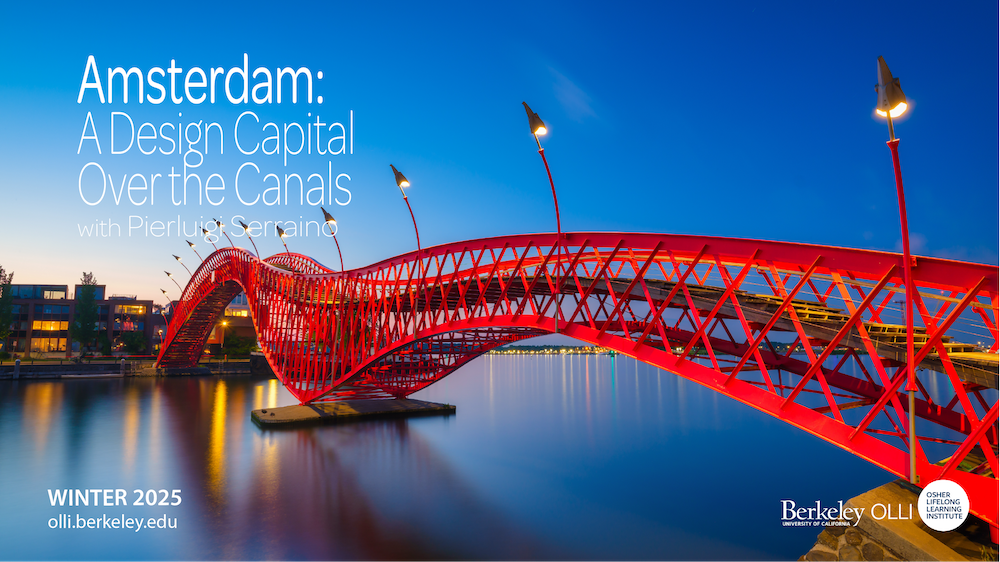 A red, modern, undulating bridge in Amsterdam