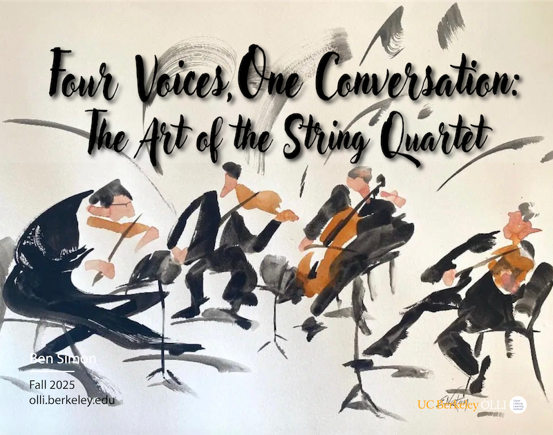 A vibrant, swirly and contemporary illustration of a sting quartet in action