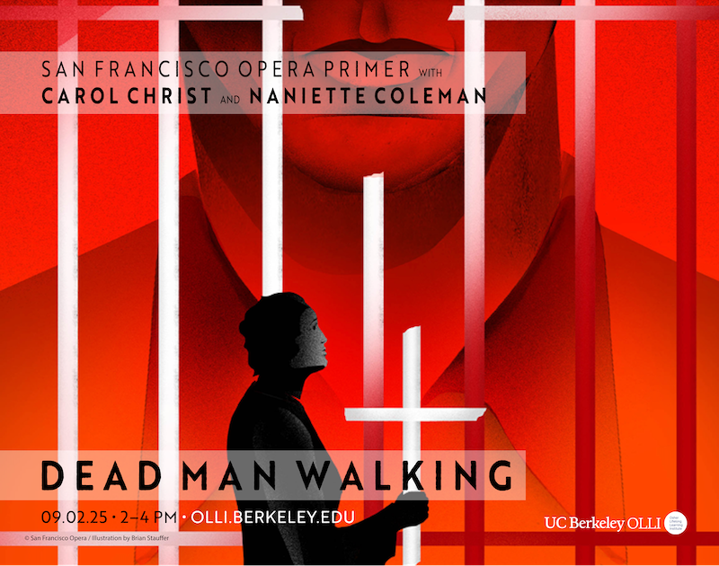 Red illustration of a person carrying a cross in front of white prison bars with a large person in background
