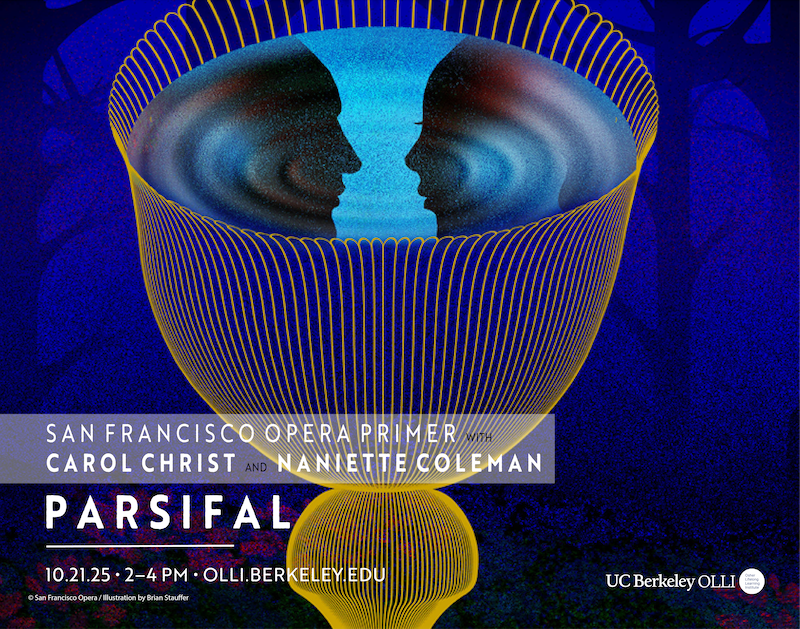 Moody blue illustration of a sheer, gold-stripped goblet with silhouettes of two faces staring at one another