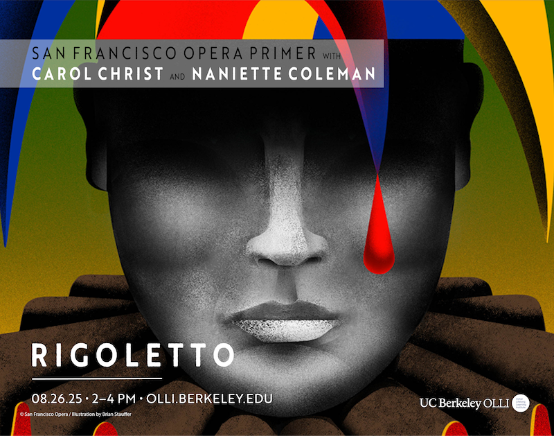 Lushly colored illustration of Rigoletto face with a single red tear
