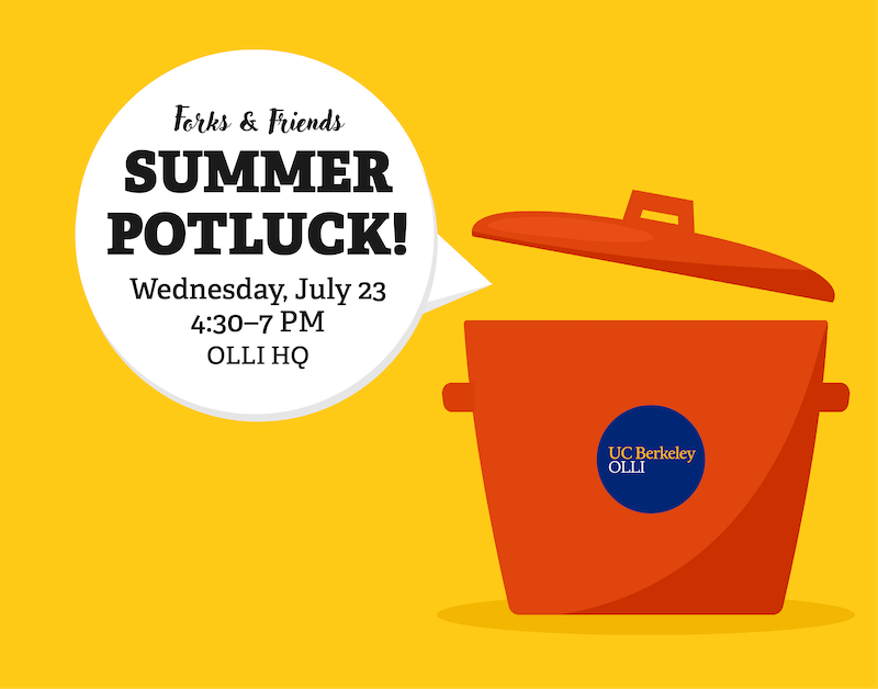 An illustrated red pot with a speech bubble "Forks & Friends Summer Potluck"