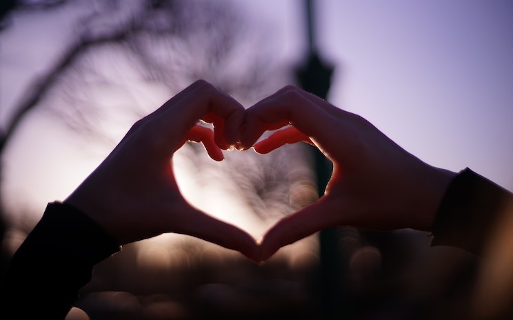 peering at nature through hands creating a heart shape