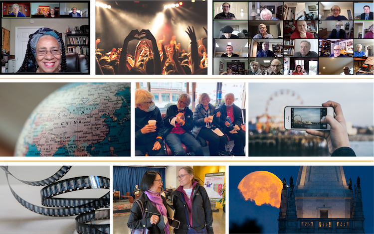 Collage of photos of members engaging in person or online in courses, plus images related to courses